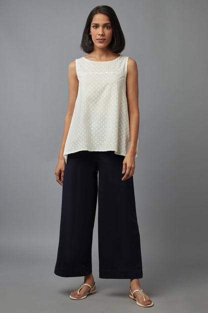 Navy Blue Solid Straight Fit Cotton Palazzo With Side Pockets