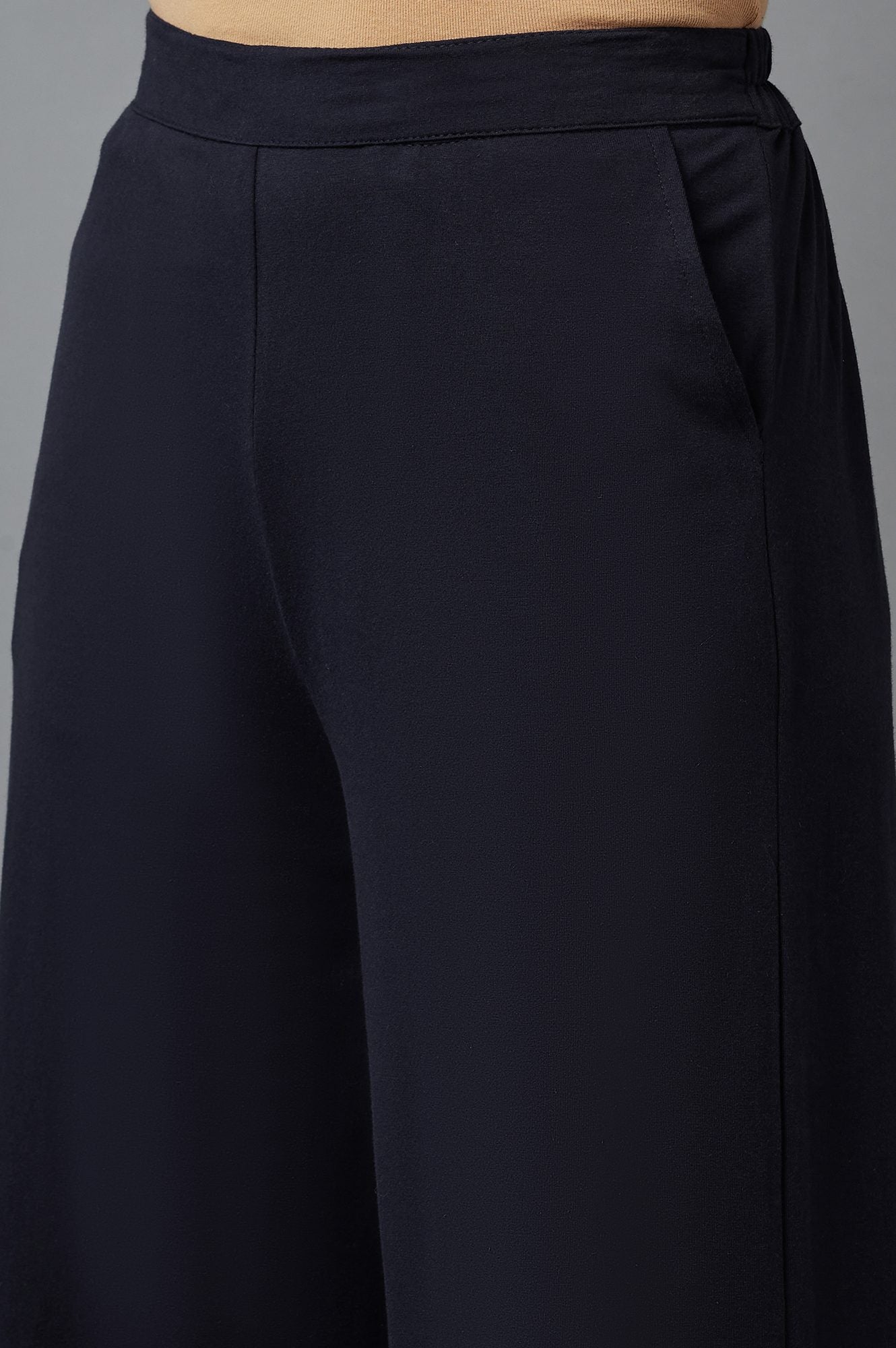 Navy Blue Solid Straight Fit Cotton Palazzo With Side Pockets