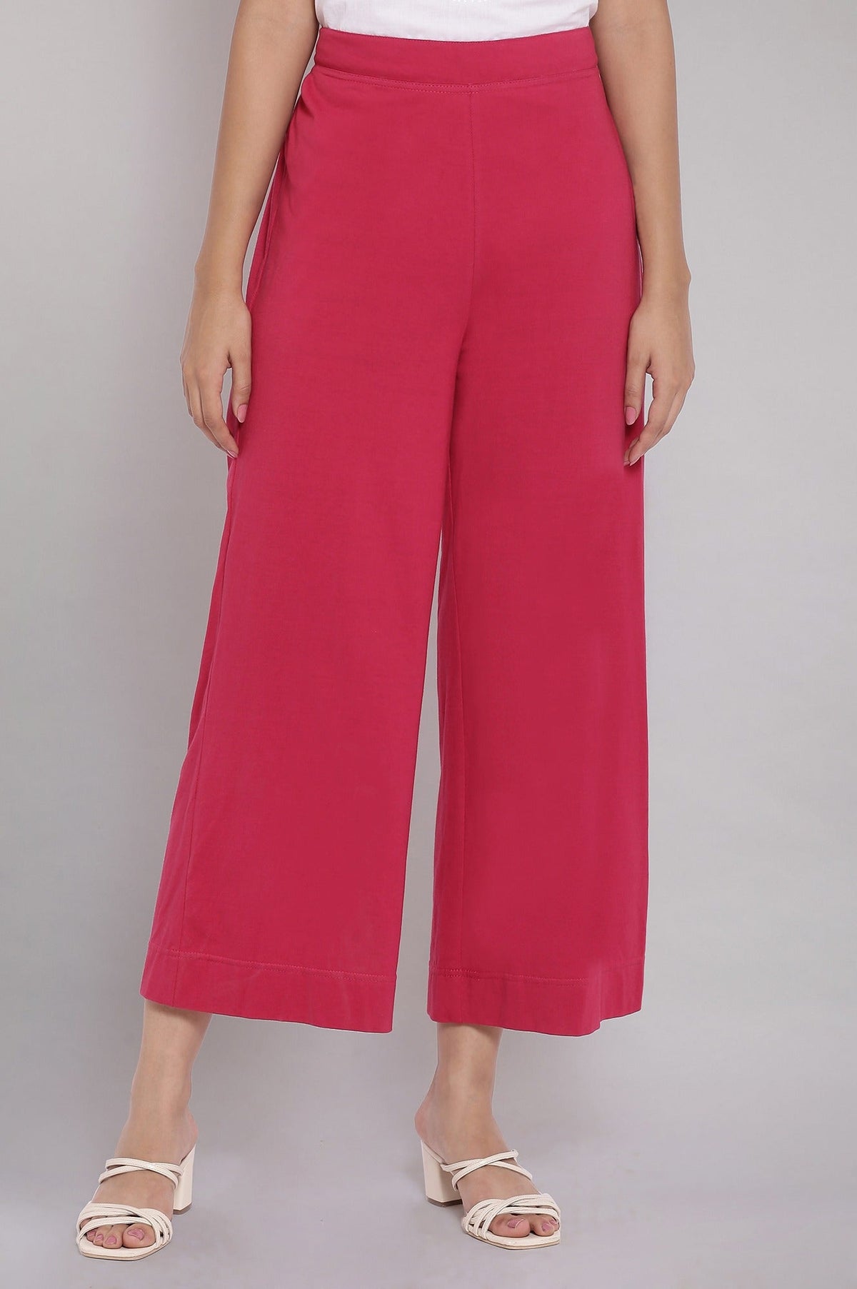 Elleven Women's Red Solid Straight Fit Cotton Palazzo With Elasticated Waist - XS