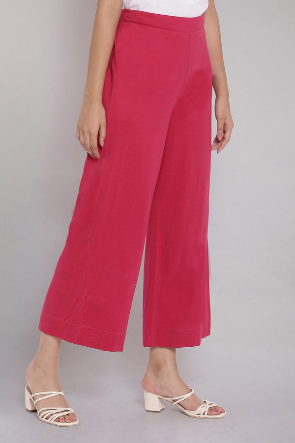 Elleven Women's Red Solid Straight Fit Cotton Palazzo With Elasticated Waist