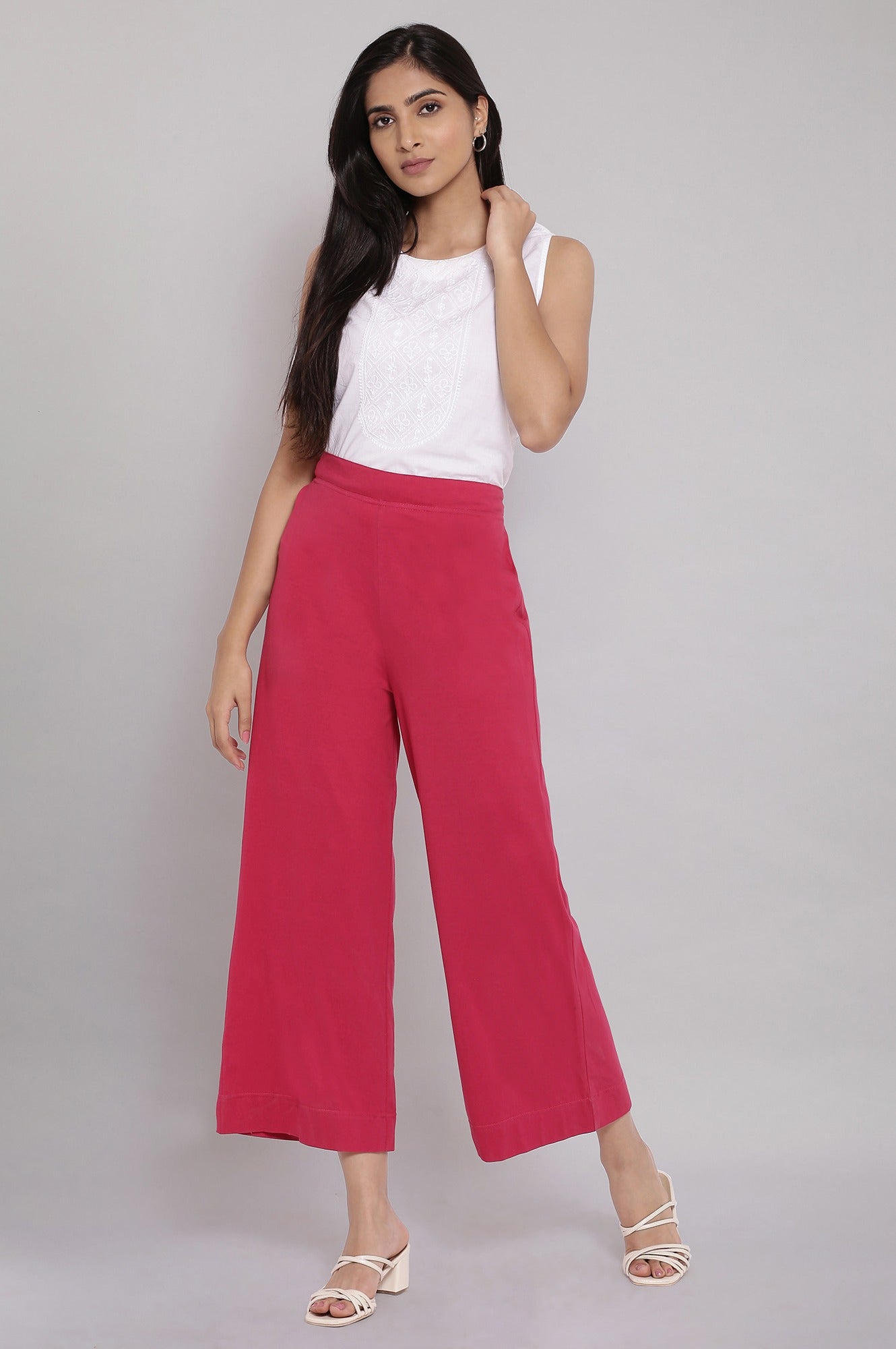 Red Solid Straight Fit Cotton Palazzo With Elasticated Waist