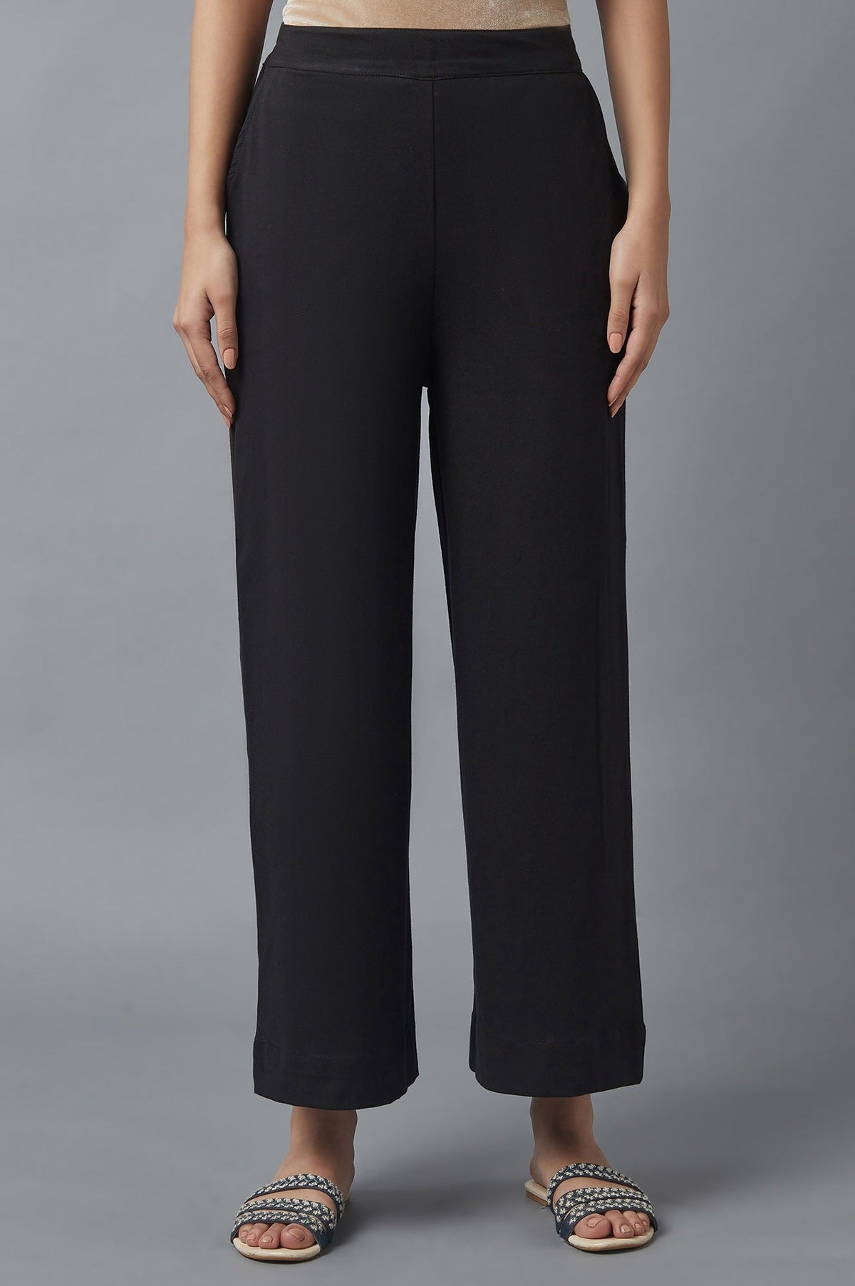 Elleven Women's Black Solid Straight Fit Cotton Palazzo With Side Pockets - XS