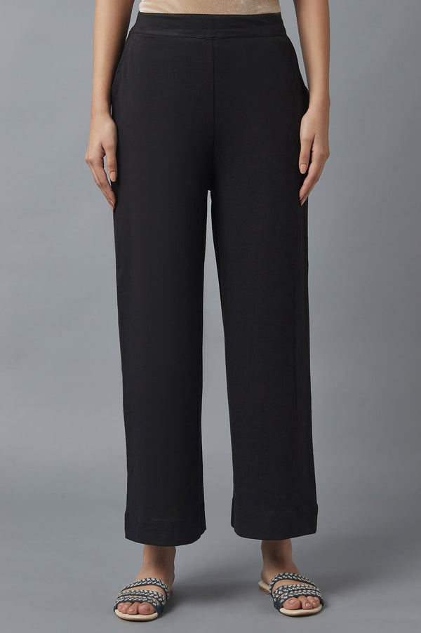 Elleven Women's Black Solid Straight Fit Cotton Palazzo With Side Pockets