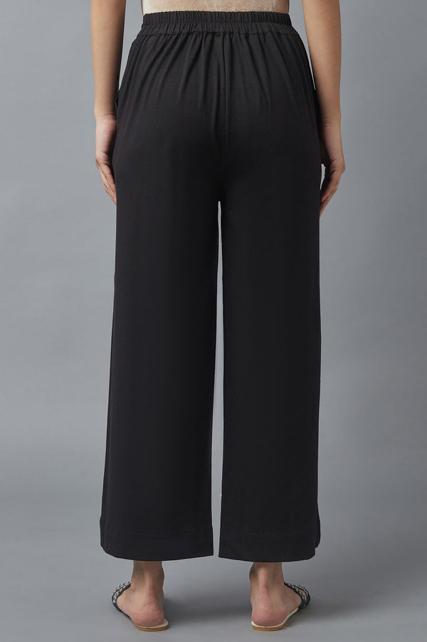 Elleven Women's Black Solid Straight Fit Cotton Palazzo With Side Pockets