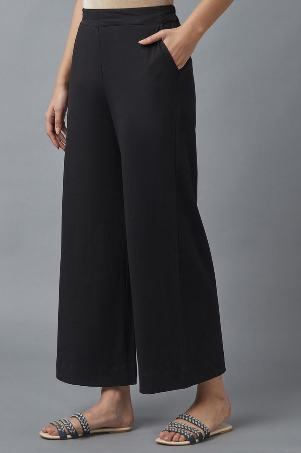 Elleven Women's Black Solid Straight Fit Cotton Palazzo With Side Pockets
