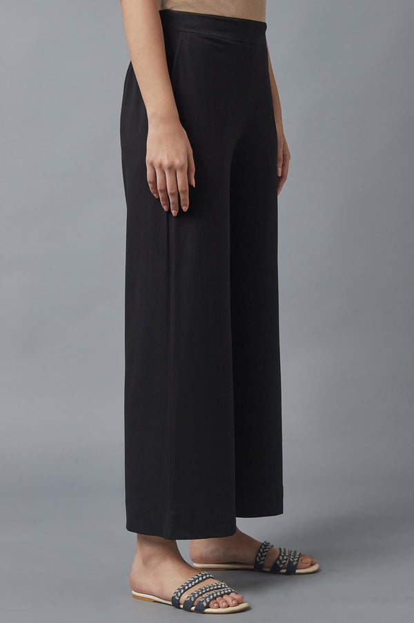 Elleven Women's Black Solid Straight Fit Cotton Palazzo With Side Pockets