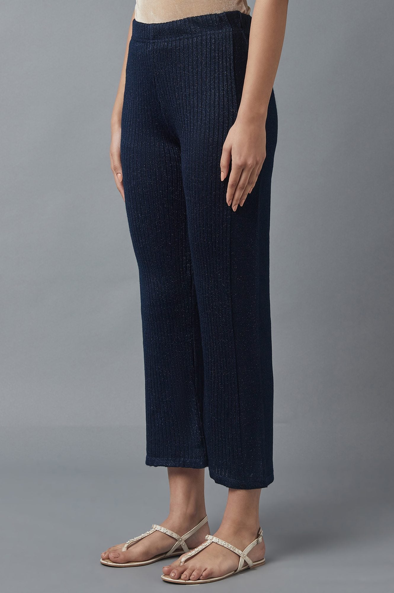Navy Blue Solid Boot Cut Palazzo With Elasticated Waist