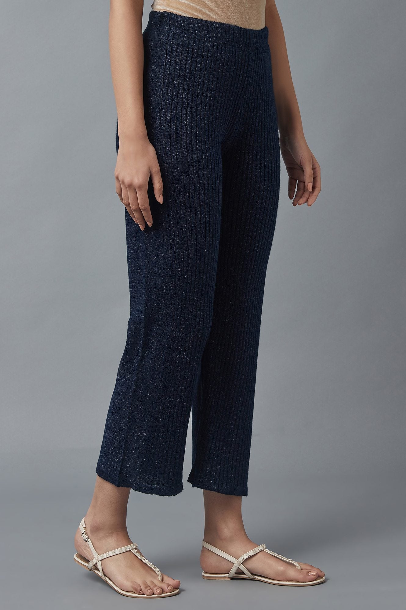 Navy Blue Solid Boot Cut Palazzo With Elasticated Waist
