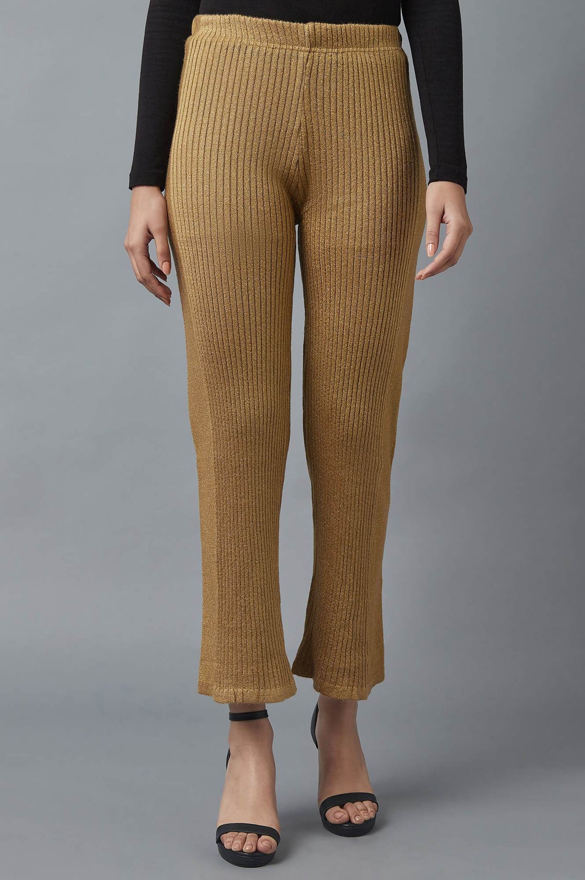 Beige Solid Boot-cut Knit Palazzo with Elasticated Waist - S