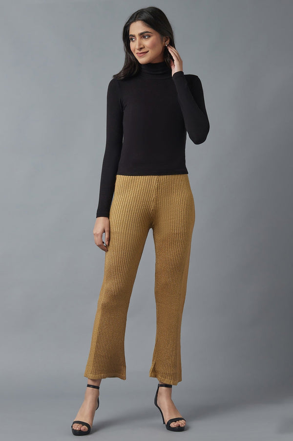 Beige Solid Boot-cut Knit Palazzo with Elasticated Waist