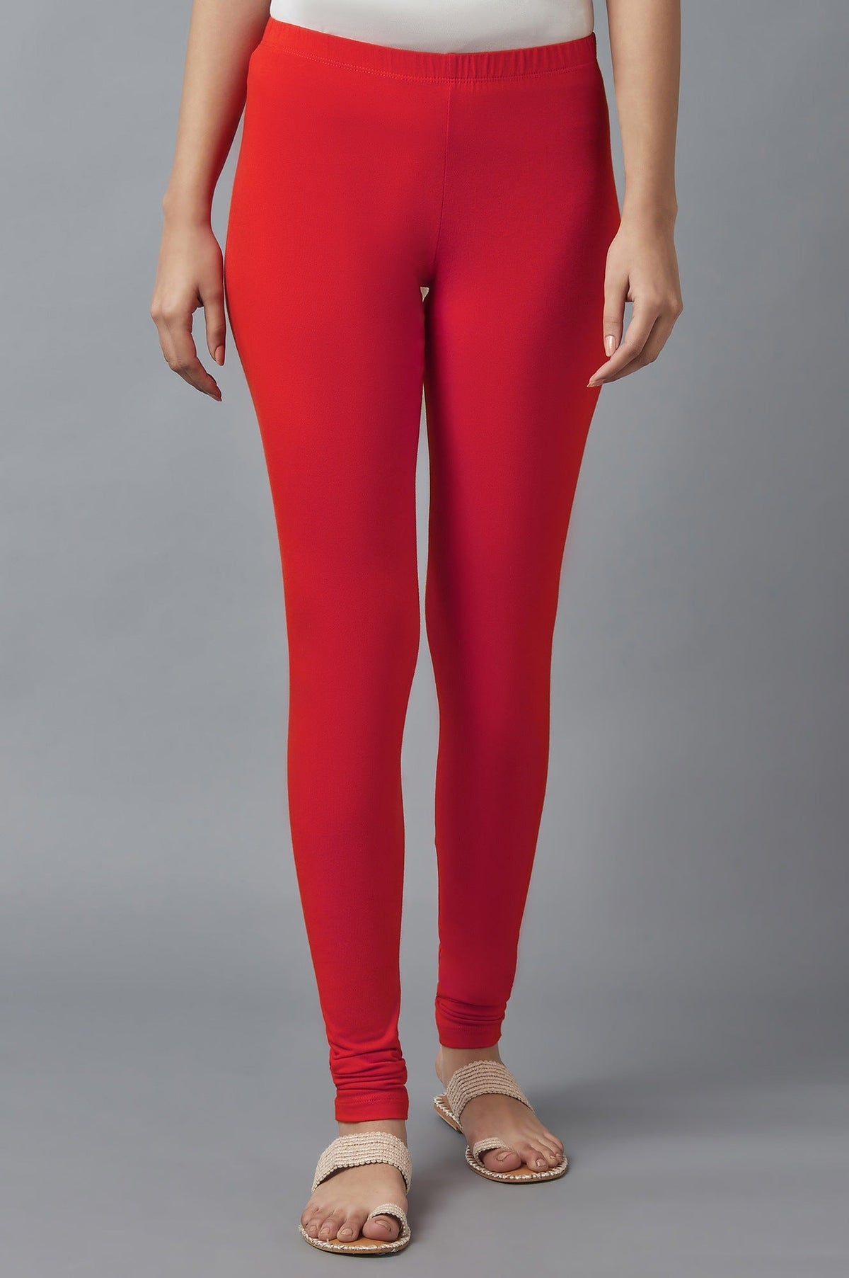 Elleven Women's Red Solid Skinny Fit Cotton Tights With Elasticated Waist - XS