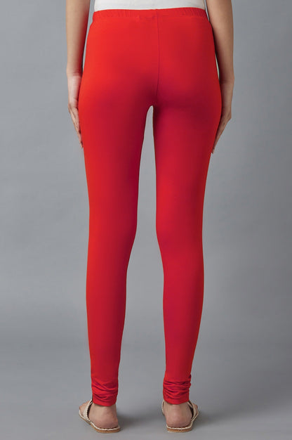 Red Solid Skinny Fit Cotton Tights With Elasticated Waist