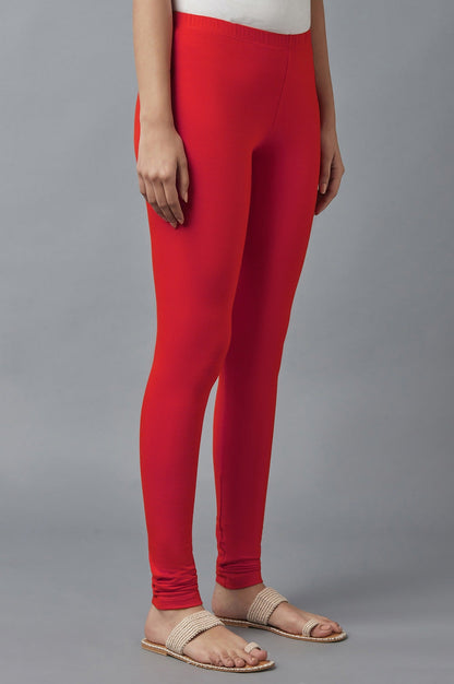 Red Solid Skinny Fit Cotton Tights With Elasticated Waist