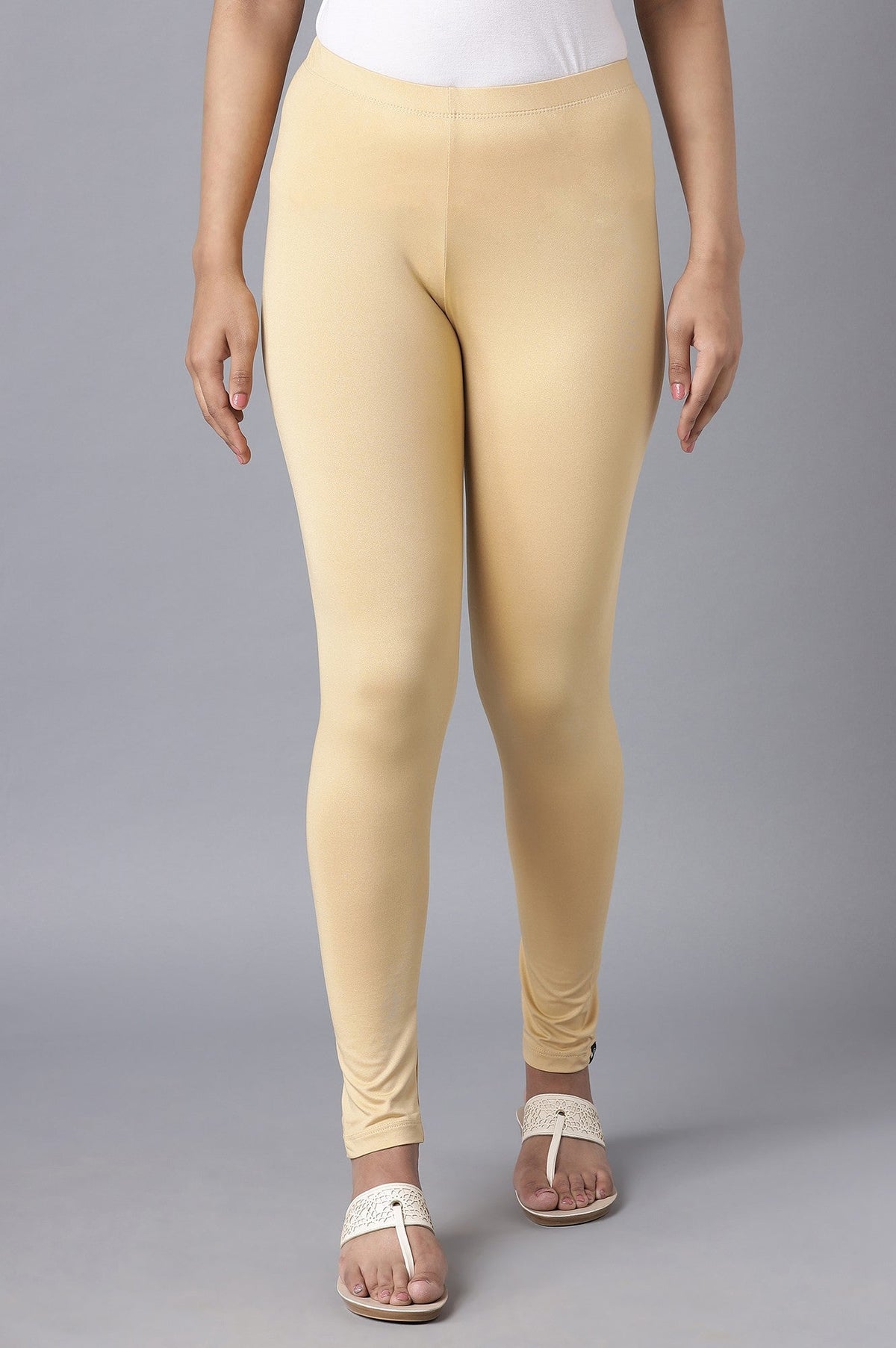 Elleven Women's Gold Solid Skinny Fit Tights With Elasticated Waist - S