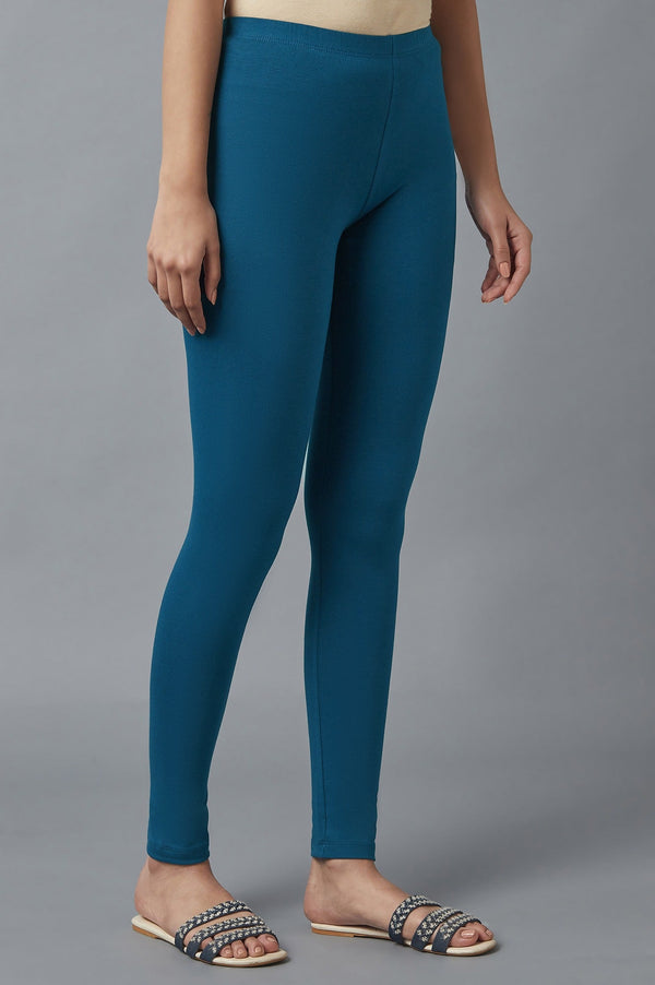 Blue Solid Skinny Fit Cotton Tights With Elasticated Waist