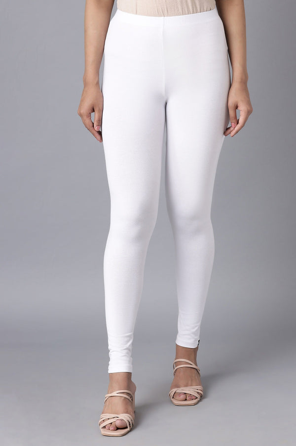 Elleven Women's White Solid Skinny Fit Cotton Tights With Elasticated Waist