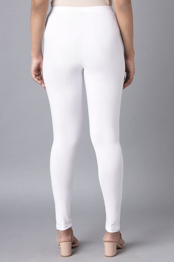 Elleven Women's White Solid Skinny Fit Cotton Tights With Elasticated Waist