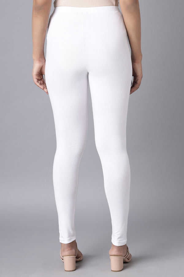 White Solid Cotton Lycra Skinny Fit Ankle Length High Rise Leggings