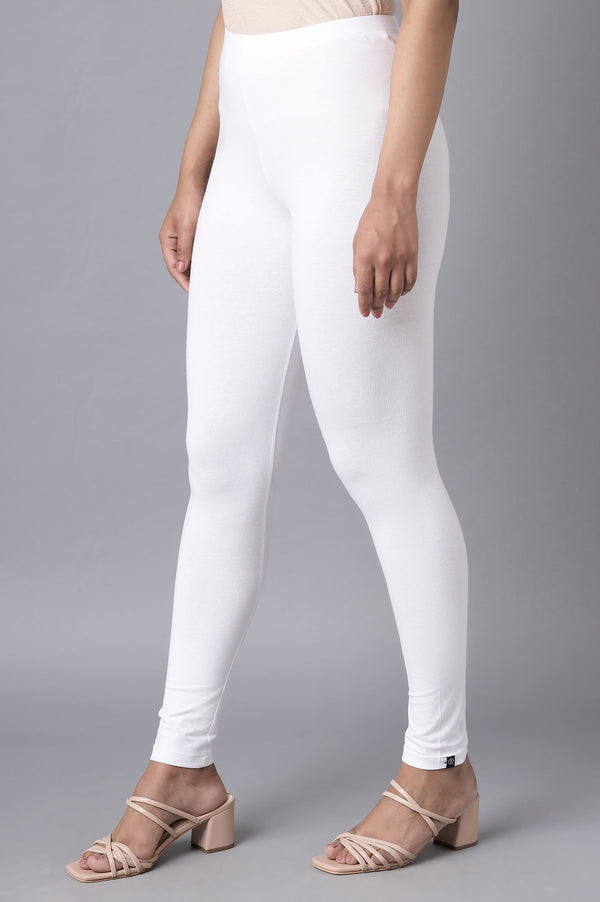 Elleven Women's White Solid Skinny Fit Cotton Tights With Elasticated Waist