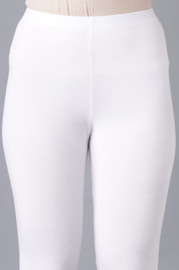 White Solid Cotton Lycra Skinny Fit Ankle Length High Rise Leggings