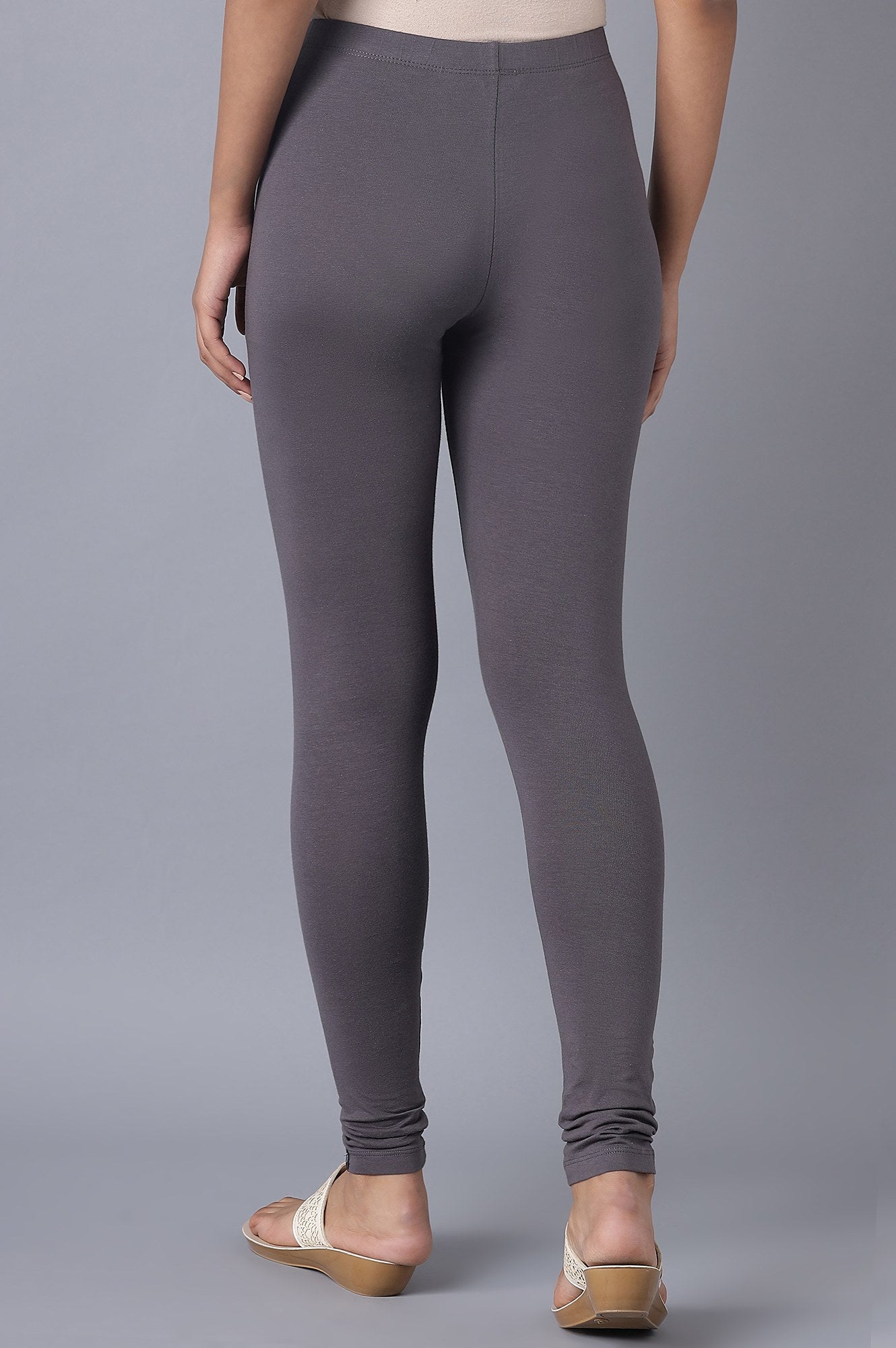 Grey Solid Skinny Fit Cotton Tights With Elasticated Waistband