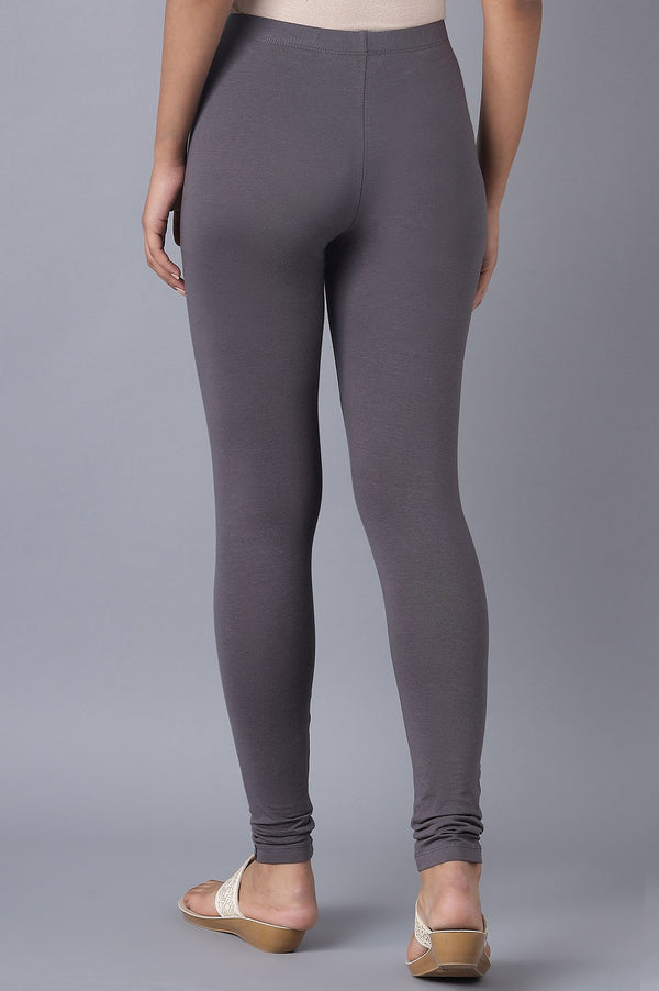 Grey Solid Skinny Fit Cotton Tights With Elasticated Waistband