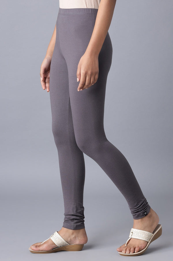 Grey Solid Skinny Fit Cotton Tights With Elasticated Waistband