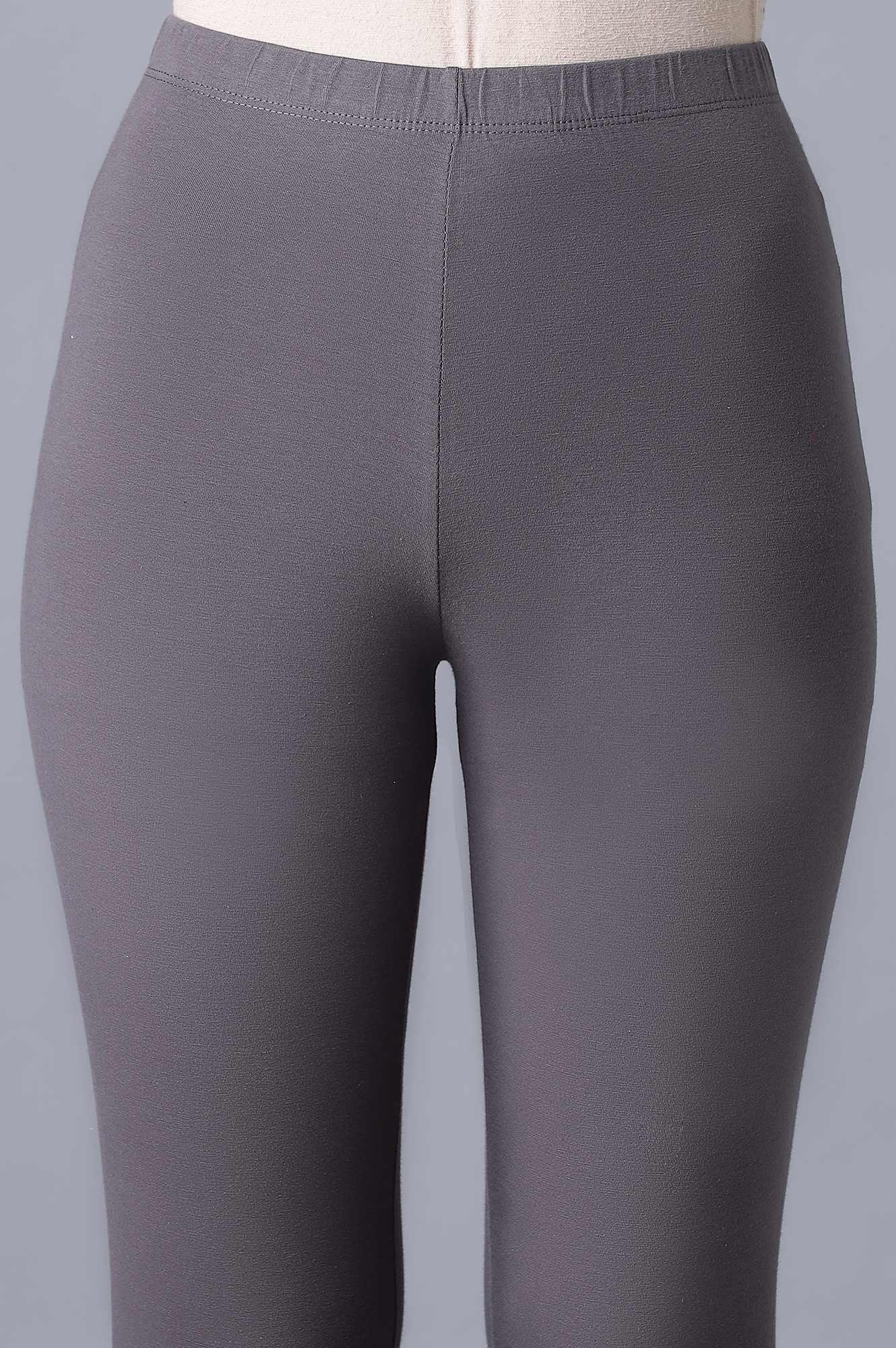Grey Solid Skinny Fit Cotton Tights With Elasticated Waistband