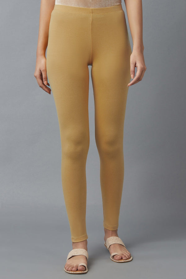 Beige Solid Skinny Fit Cotton Tights With Elasticated Waist