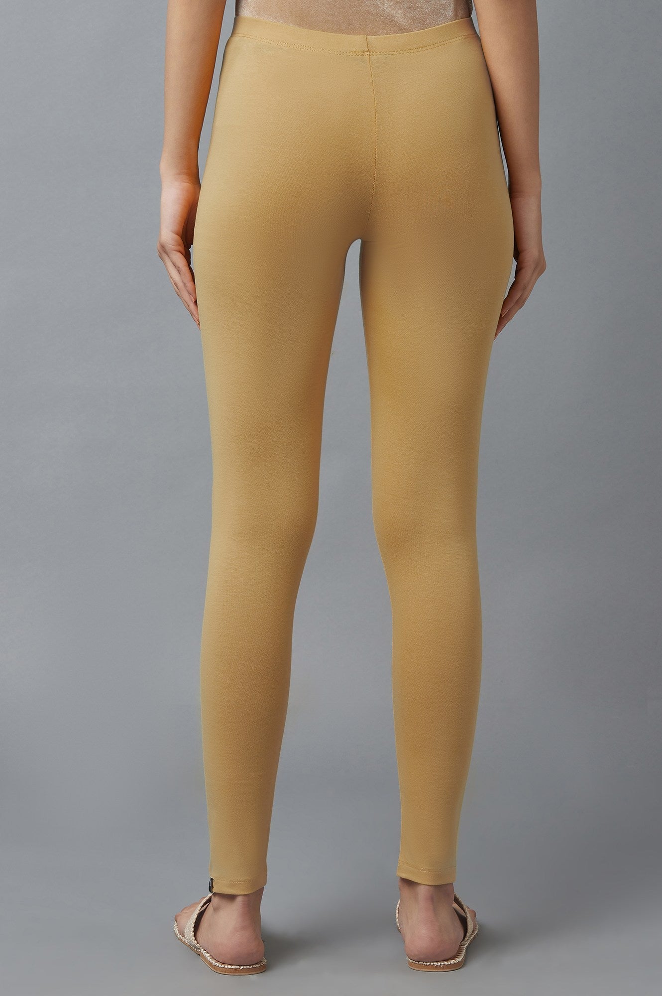 Beige Solid Skinny Fit Cotton Tights With Elasticated Waist