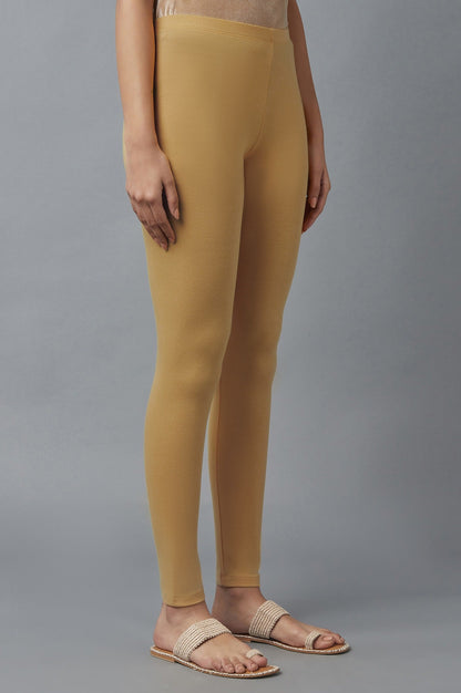 Beige Solid Skinny Fit Cotton Tights With Elasticated Waist