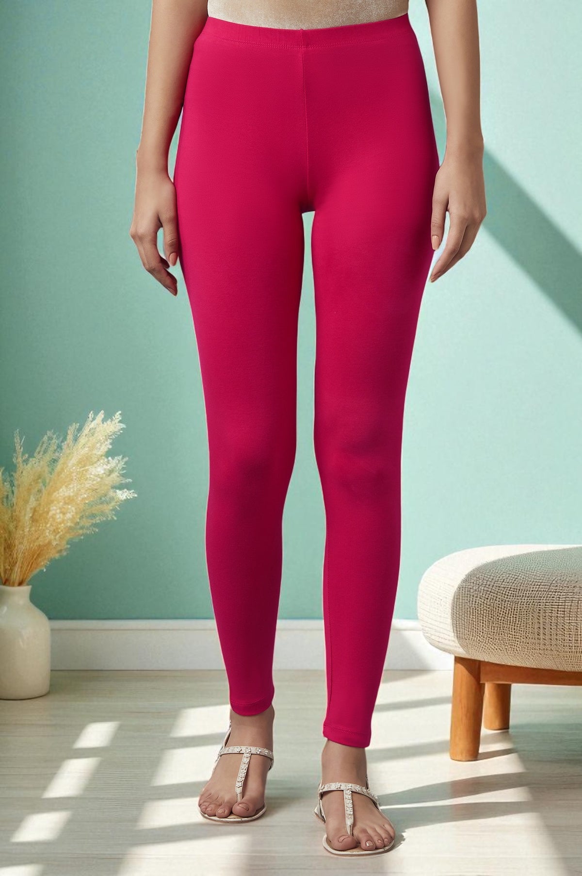 Elleven Women's Pink Solid Skinny Fit Cotton Tights With Elasticated Waist - S