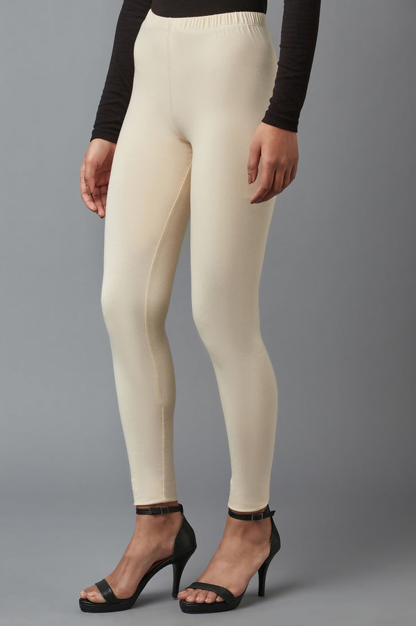 Beige Solid Skinny Fit Cotton Tights With Elasticated Waistband