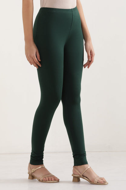 Green Solid Skinny Fit Cotton Tights With Elasticated Waist