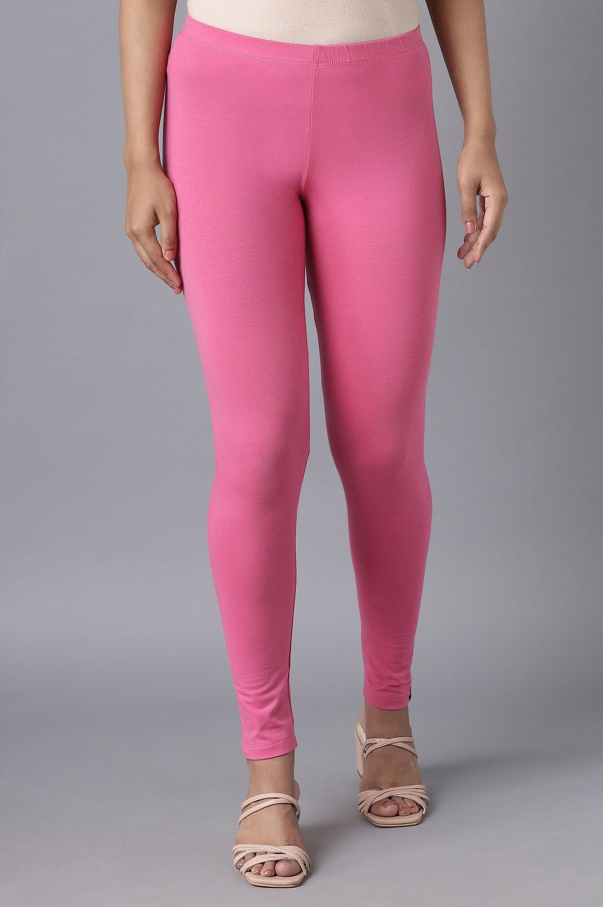 Elleven Women's Pink Solid Skinny Fit Cotton Tights With Elasticated Waistband - XS