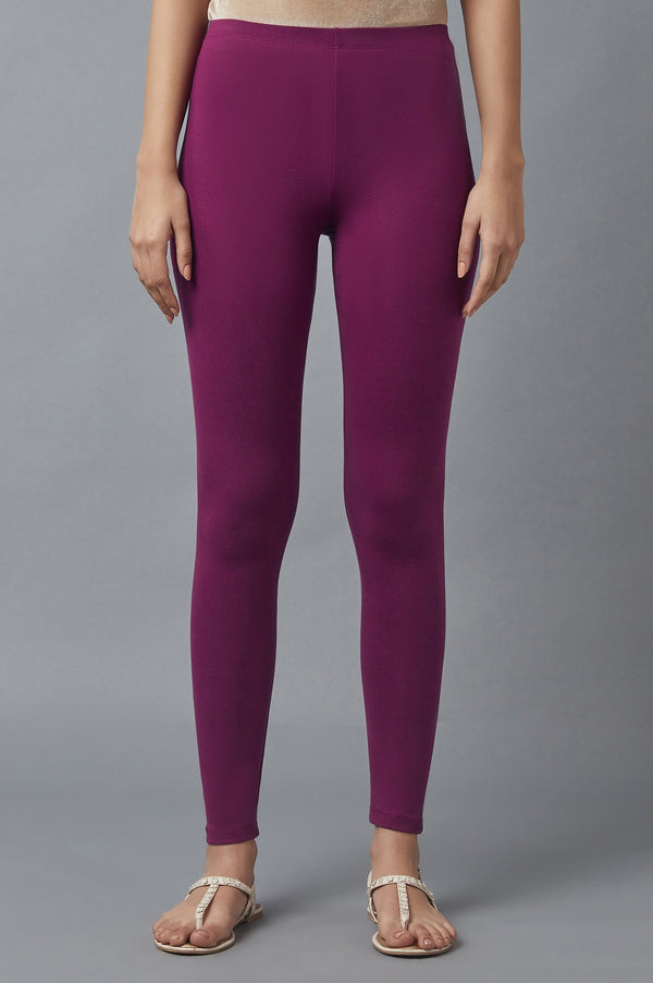 Purple Solid Skinny Fit Cotton Tights With Elasticated Waist