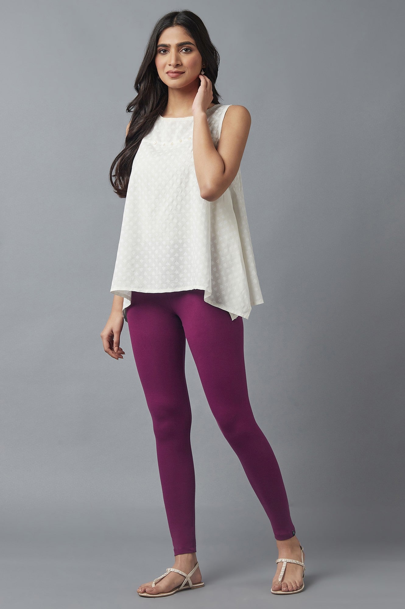 Purple Solid Skinny Fit Cotton Tights With Elasticated Waist