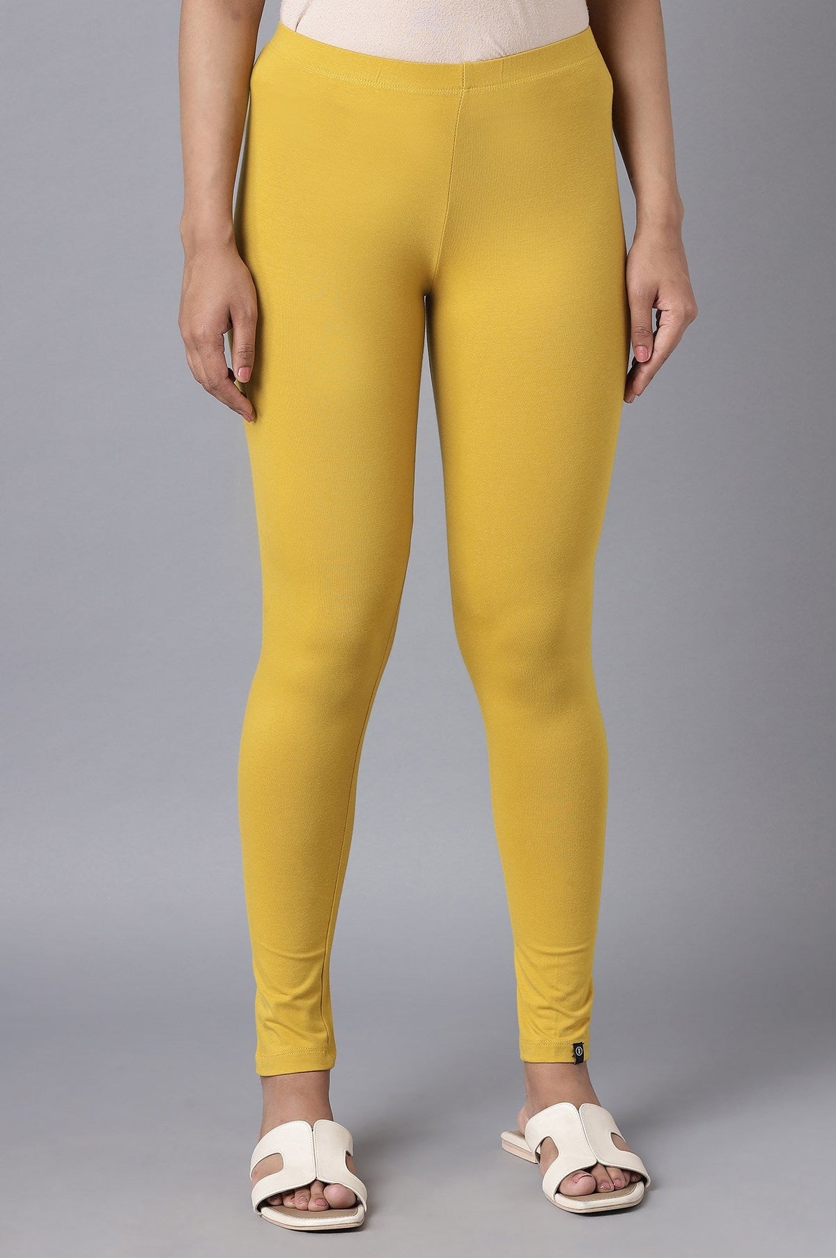 Elleven Women's Yellow Solid Skinny Fit Cotton Tights With Elasticated Waistband - S
