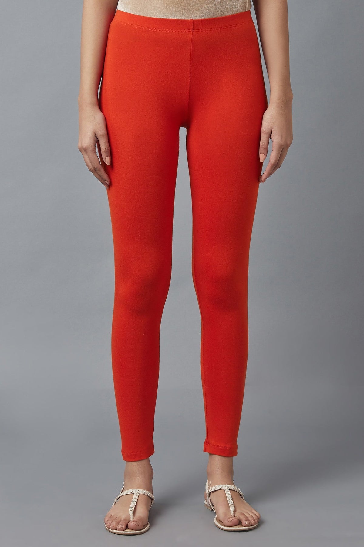 Elleven Women's Orange Solid Skinny Fit Cotton Tights With Elasticated Waist - S