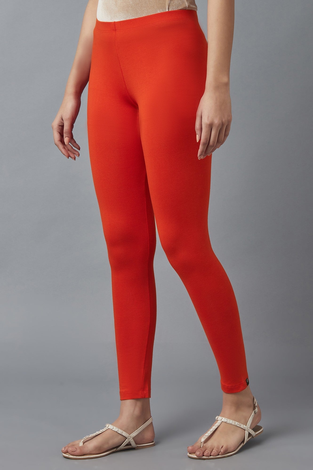Orange Solid Skinny Fit Cotton Tights With Elasticated Waist
