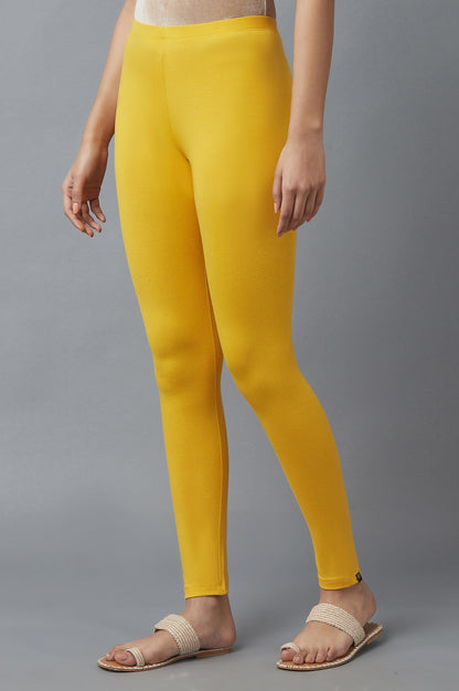 Yellow Solid Skinny Fit Cotton Tights With Elasticated Waist