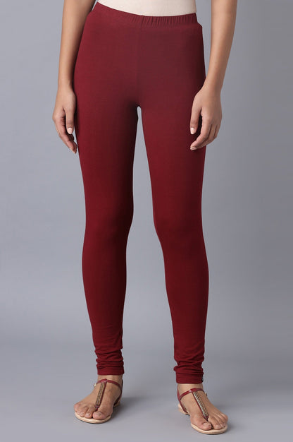 Maroon Solid Skinny Fit Cotton Tights With Elasticated Waistband