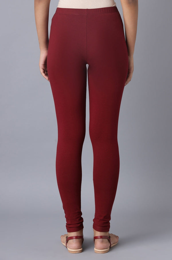 Maroon Solid Skinny Fit Cotton Tights With Elasticated Waistband