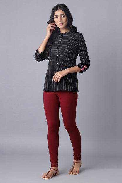 Maroon Solid Skinny Fit Cotton Tights With Elasticated Waistband