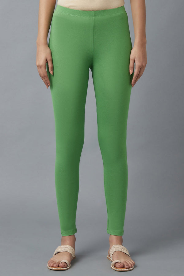 Green Solid Skinny Fit Cotton Tights With Elasticated Waist