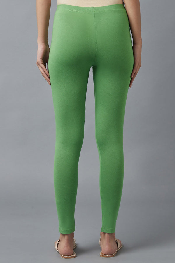 Green Solid Skinny Fit Cotton Tights With Elasticated Waist