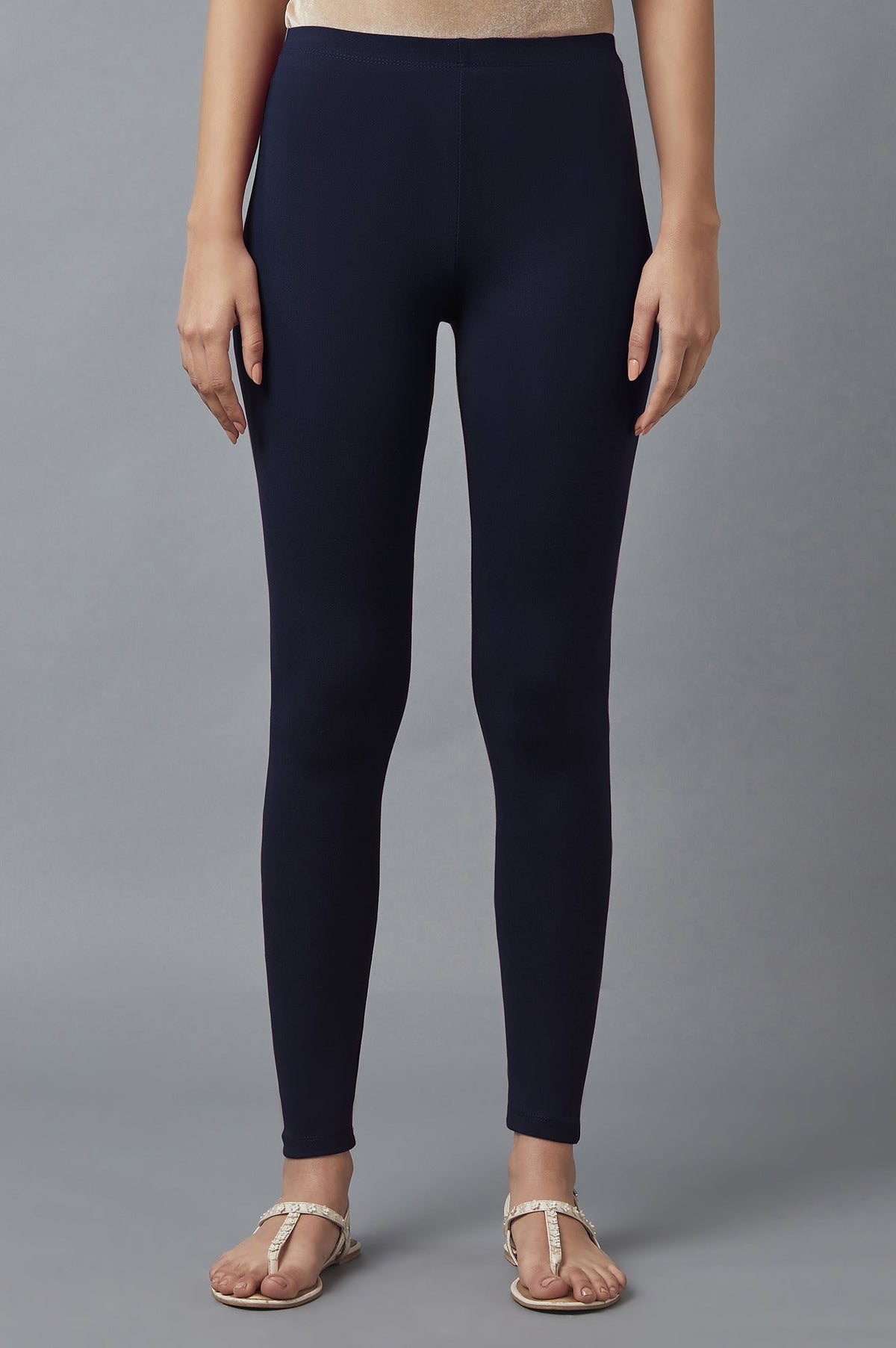 Elleven Women's Navy Blue Solid Skinny Fit Cotton Tights With Elasticated Waist - XS