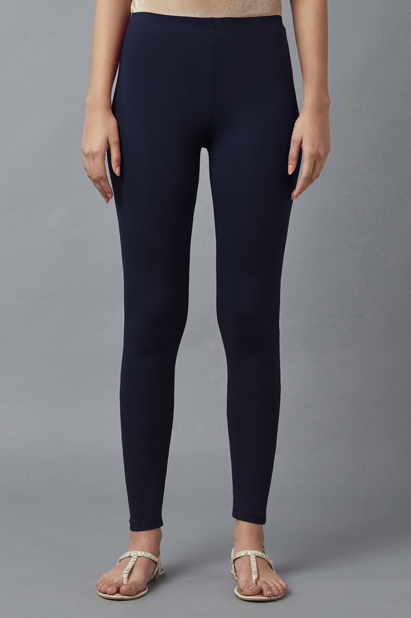 Elleven Women's Navy Blue Solid Skinny Fit Cotton Tights With Elasticated Waist