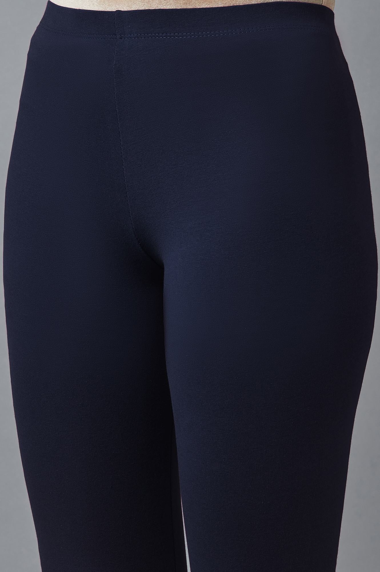 Navy Blue Solid Skinny Fit Cotton Tights With Elasticated Waist