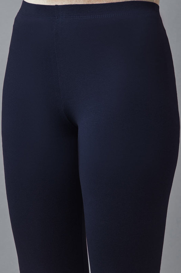 Elleven Women's Navy Blue Solid Skinny Fit Cotton Tights With Elasticated Waist